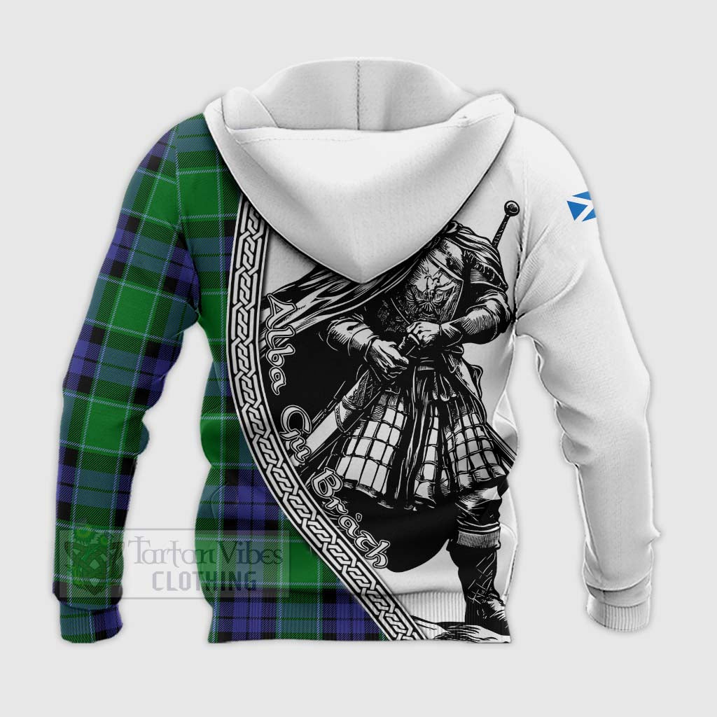 Tartan Vibes Clothing Haldane Tartan Clan Crest Knitted Hoodie with Highlander Warrior Celtic Style