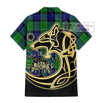 Haldane Tartan Short Sleeve Button Shirt with Family Crest Celtic Wolf Style