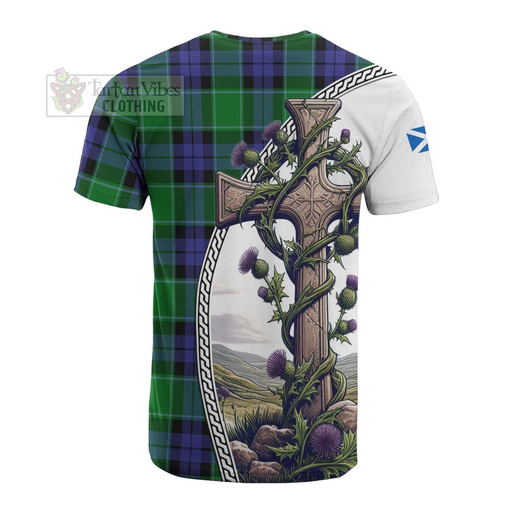 Tartan Vibes Clothing Haldane Tartan Cotton T-shirt with Family Crest and St. Andrew's Cross Accented by Thistle Vines