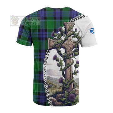 Haldane Tartan Cotton T-shirt with Family Crest and St. Andrew's Cross Accented by Thistle Vines