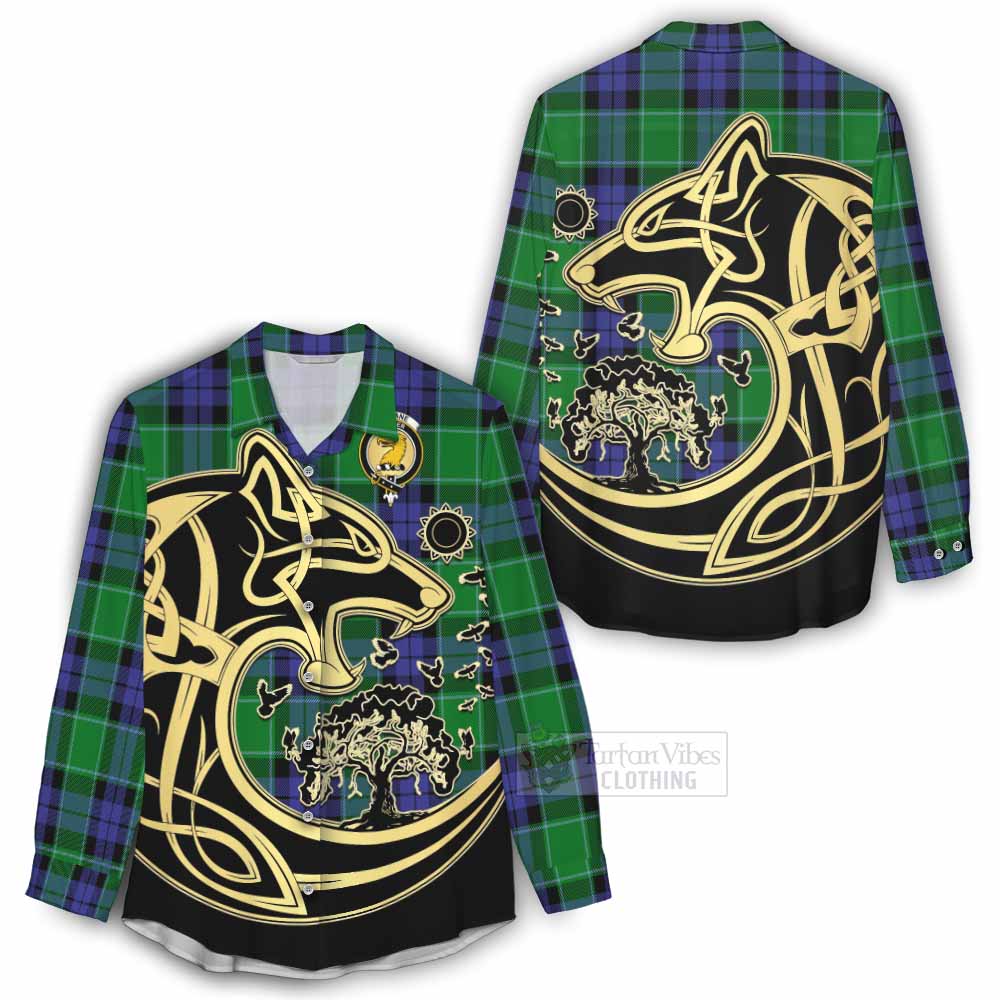 Tartan Vibes Clothing Haldane Tartan Women's Casual Shirt with Family Crest Celtic Wolf Style