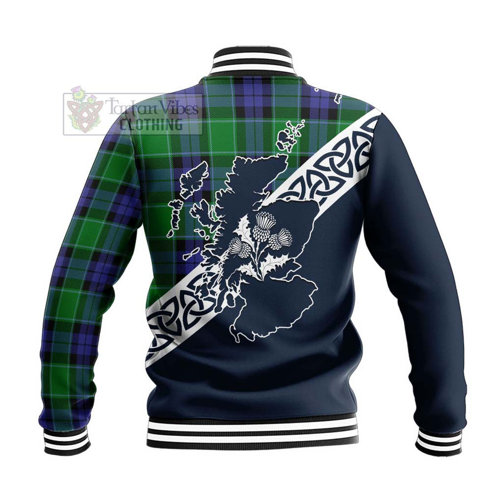 Tartan Vibes Clothing Haldane Tartan Baseball Jacket Featuring Thistle and Scotland Map