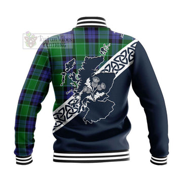 Haldane Tartan Baseball Jacket Featuring Thistle and Scotland Map