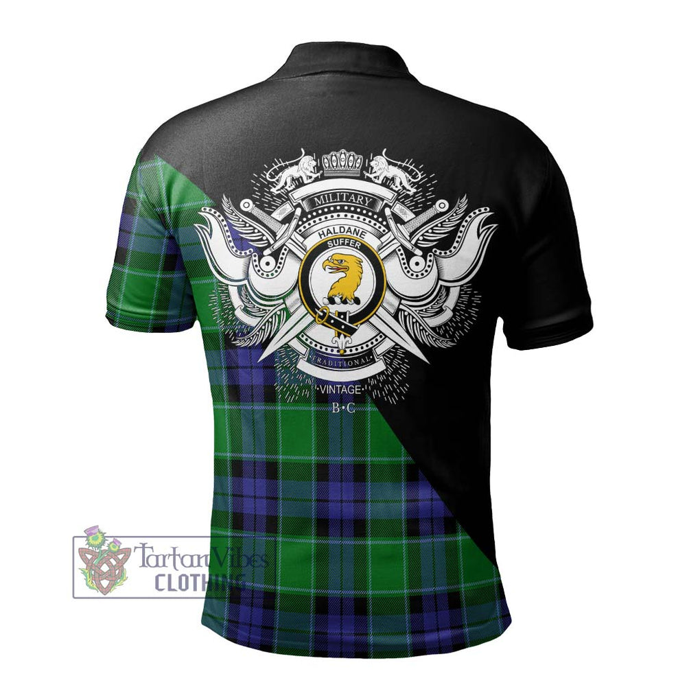 Haldane Tartan Polo Shirt with Family Crest and Military Logo Style - Tartanvibesclothing Shop