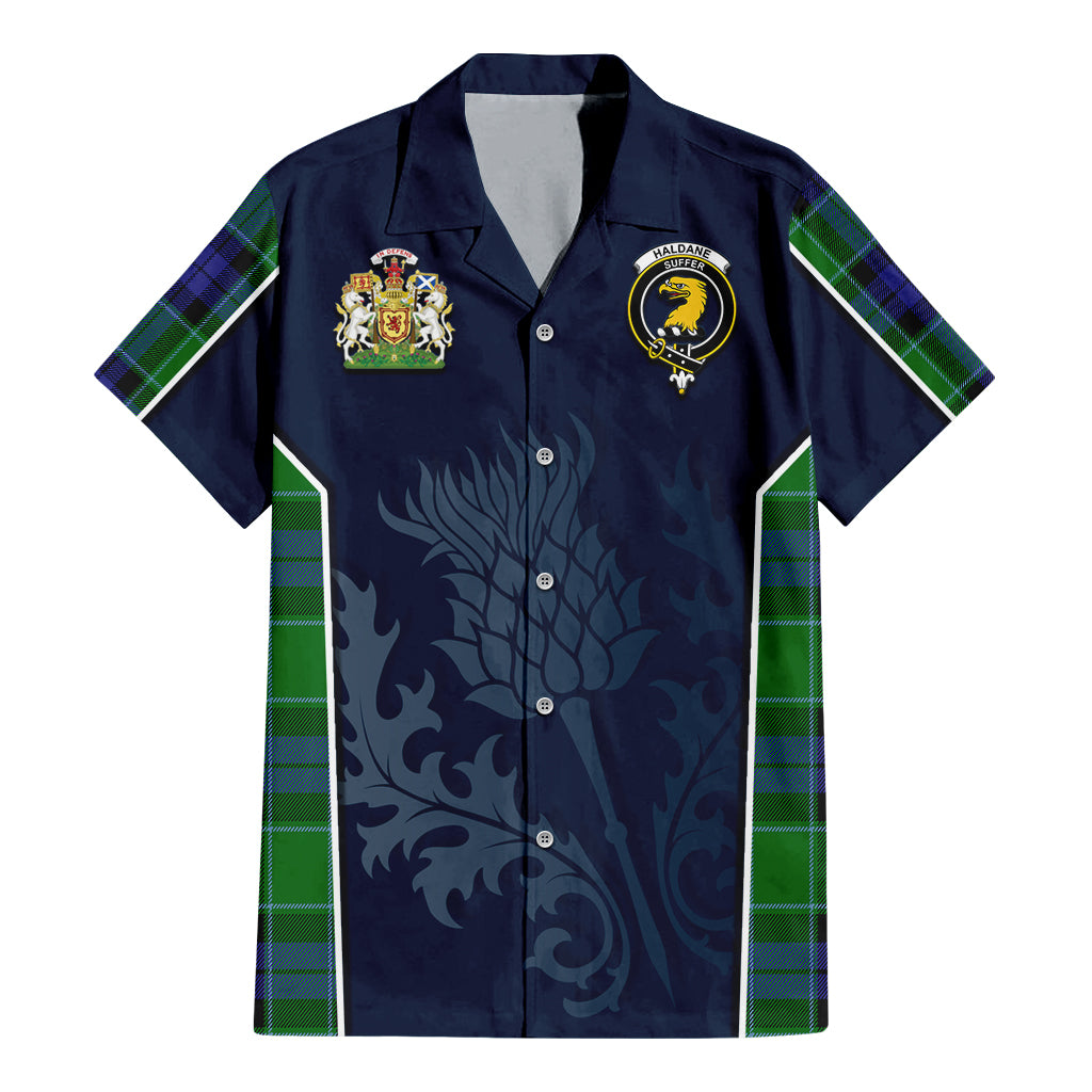 Tartan Vibes Clothing Haldane Tartan Short Sleeve Button Up Shirt with Family Crest and Scottish Thistle Vibes Sport Style