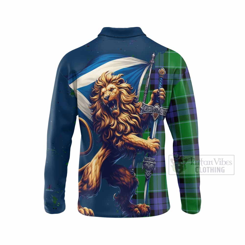 Tartan Vibes Clothing Haldane Tartan Family Crest Long Sleeve Polo Shirt with Scottish Majestic Lion