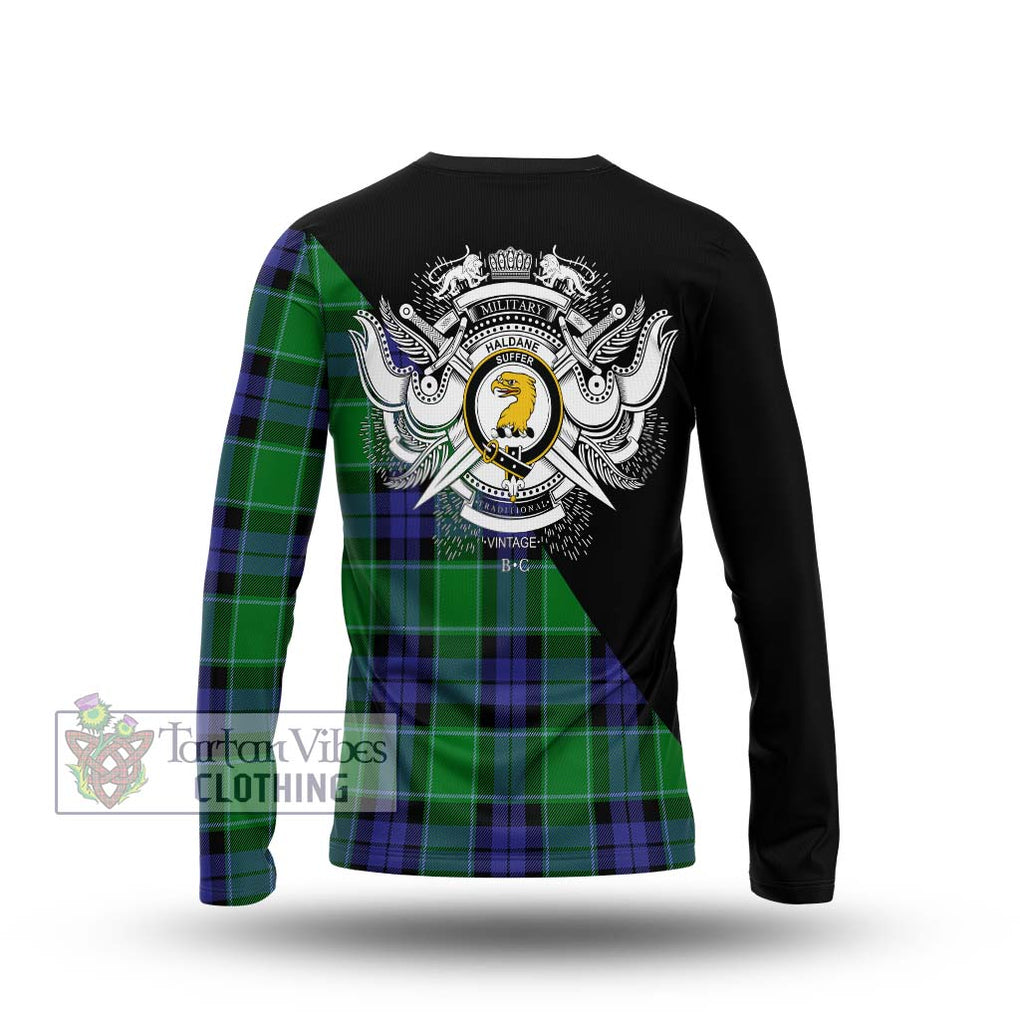 Haldane Tartan Long Sleeve T-Shirt with Family Crest and Military Logo Style - Tartanvibesclothing Shop