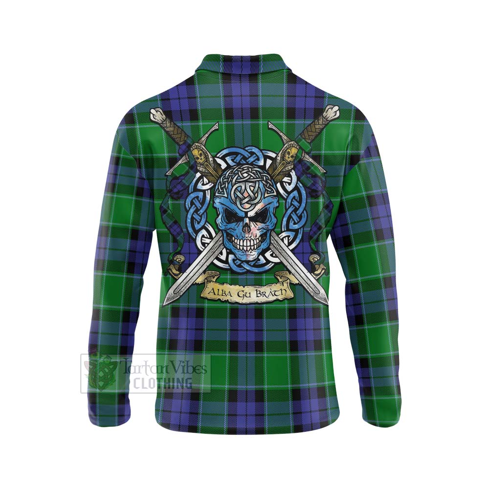 Tartan Vibes Clothing Haldane Tartan Long Sleeve Polo Shirt with Family Crest Celtic Skull Style