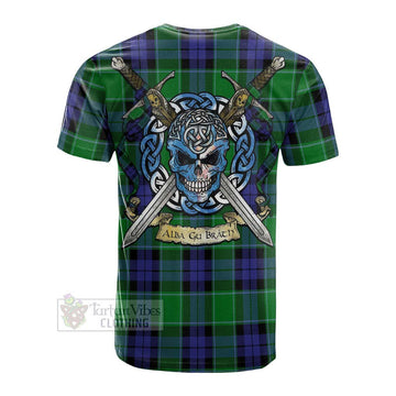 Haldane Tartan Cotton T-shirt with Family Crest Celtic Skull Style