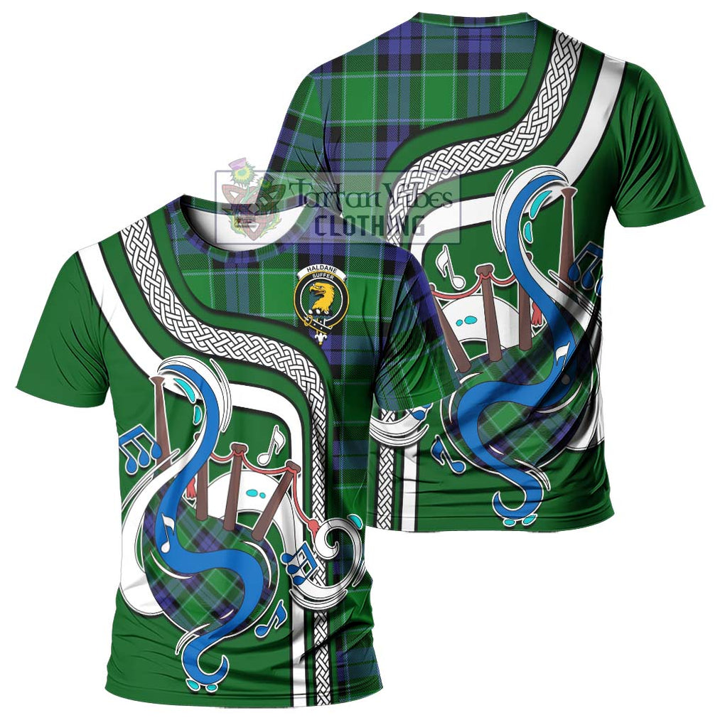 Haldane Tartan T-Shirt with Epic Bagpipe Style - Tartanvibesclothing Shop