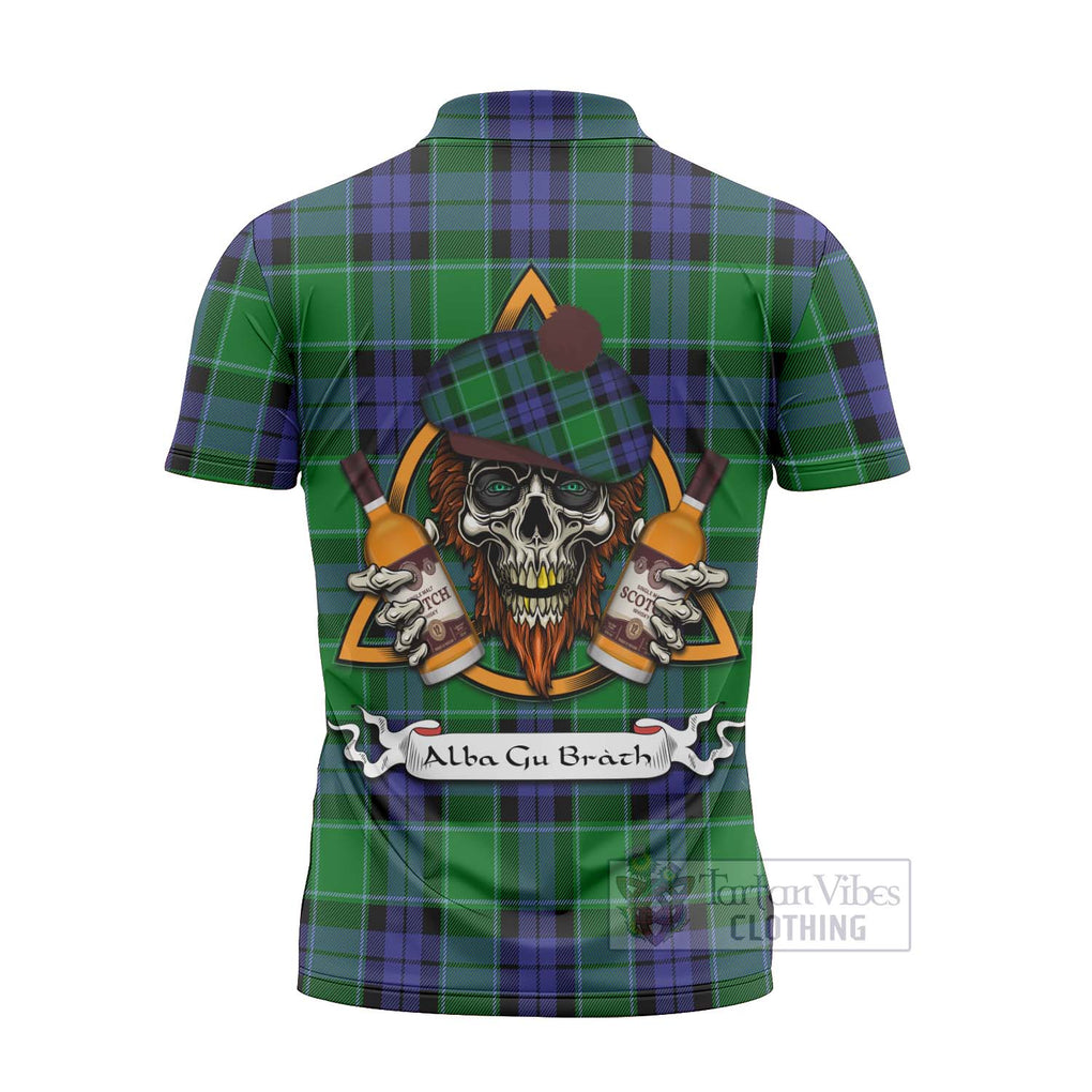 Tartan Vibes Clothing Haldane Tartan Zipper Polo Shirt with Family Crest and Bearded Skull Holding Bottles of Whiskey