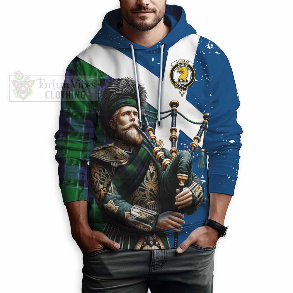 Tartan Vibes Clothing Haldane Tartan Hoodie with Family Crest Scottish Bagpiper Vibes