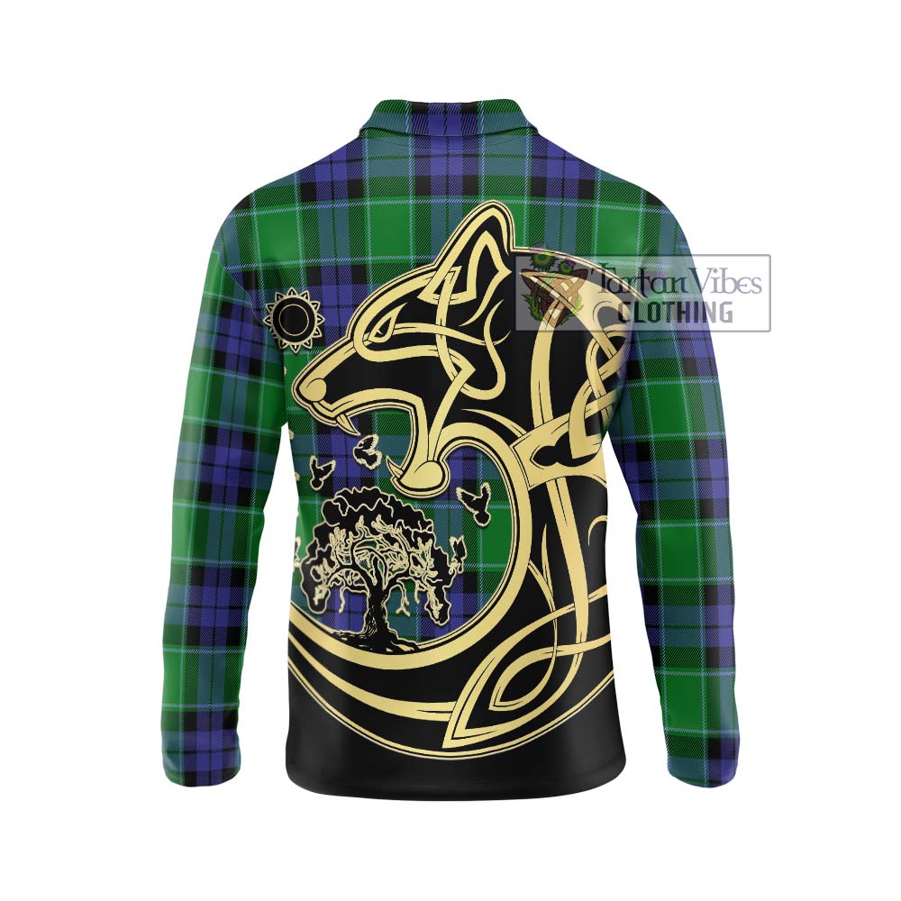 Haldane Tartan Long Sleeve Polo Shirt with Family Crest Celtic Wolf Style - Tartanvibesclothing Shop