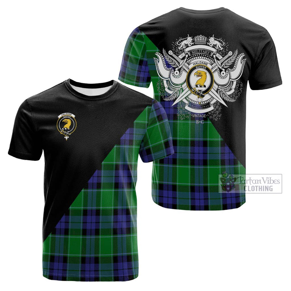 Tartan Vibes Clothing Haldane Tartan Cotton T-shirt with Family Crest and Military Logo Style