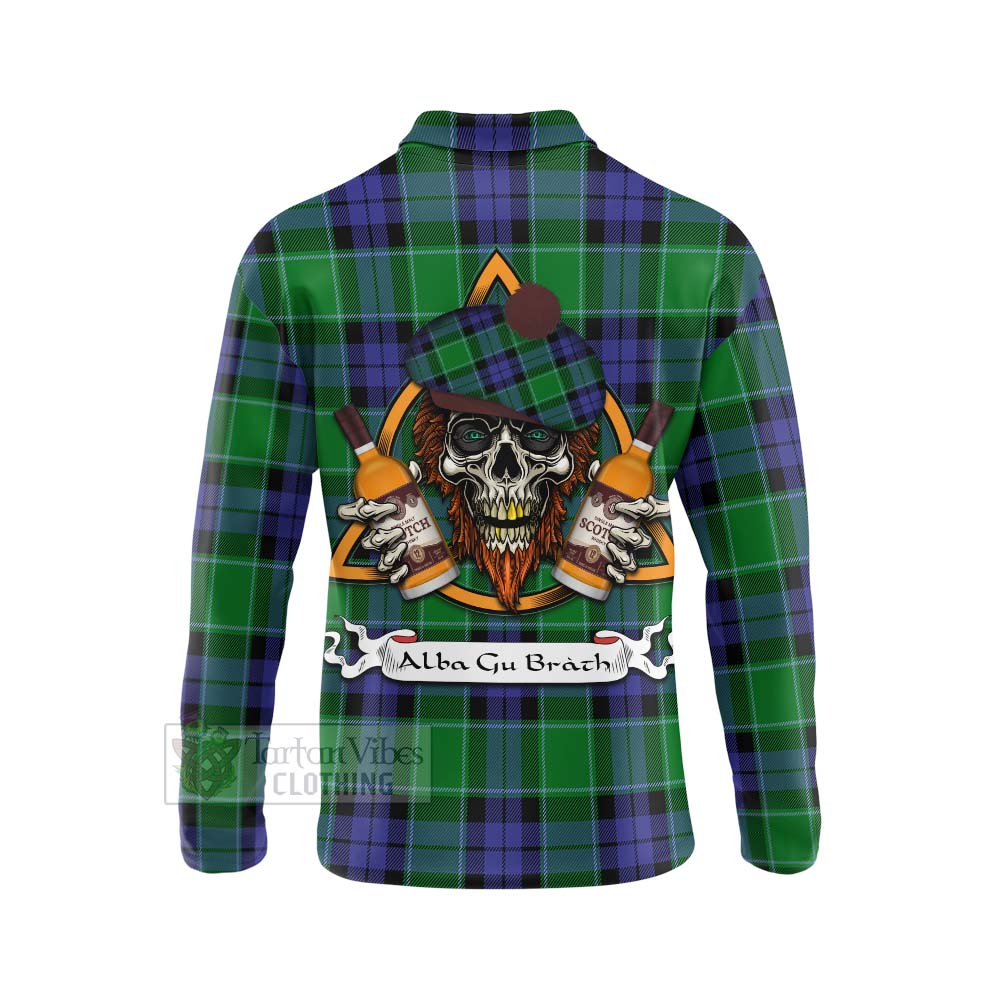 Tartan Vibes Clothing Haldane Tartan Long Sleeve Polo Shirt with Family Crest and Bearded Skull Holding Bottles of Whiskey