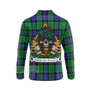 Haldane Tartan Long Sleeve Polo Shirt with Family Crest and Bearded Skull Holding Bottles of Whiskey