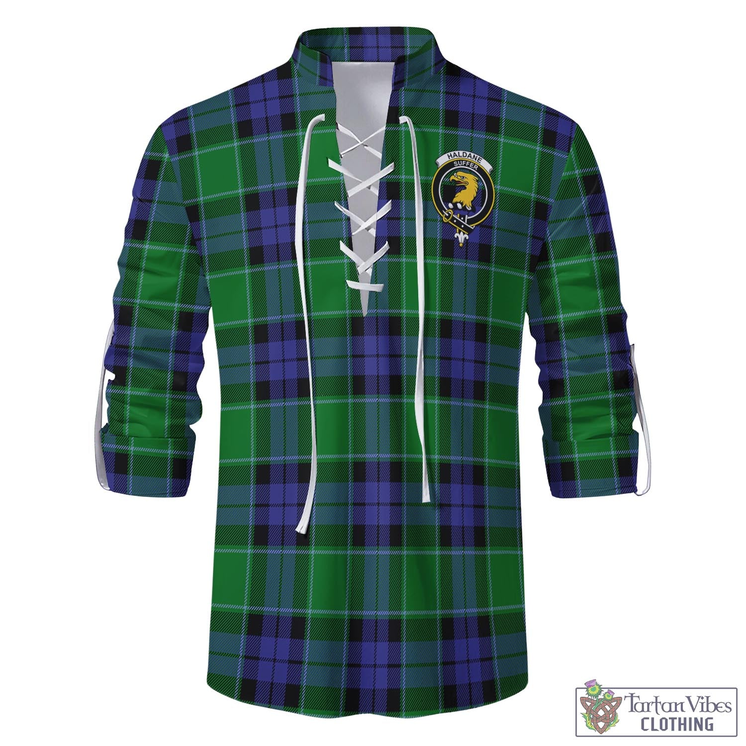 Tartan Vibes Clothing Haldane Tartan Men's Scottish Traditional Jacobite Ghillie Kilt Shirt with Family Crest