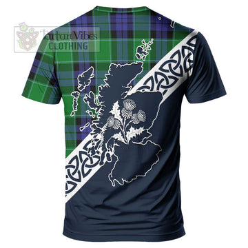 Haldane Tartan T-Shirt Featuring Thistle and Scotland Map