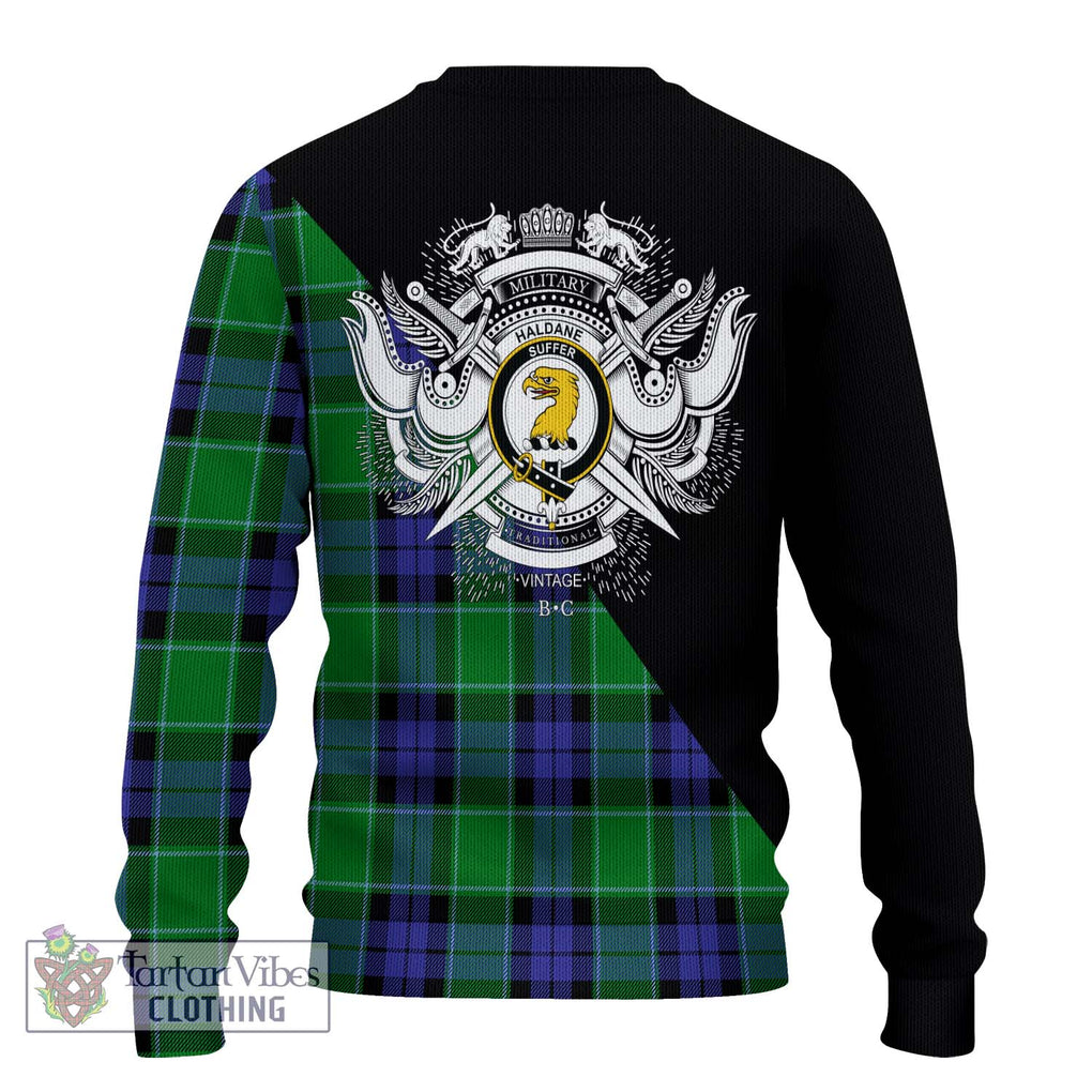 Haldane Tartan Knitted Sweater with Family Crest and Military Logo Style - Tartanvibesclothing Shop