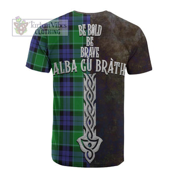 Haldane Tartan Family Crest Cotton T-shirt Alba Gu Brath Be Brave Lion Ancient Style - Tartan Vibes Clothing