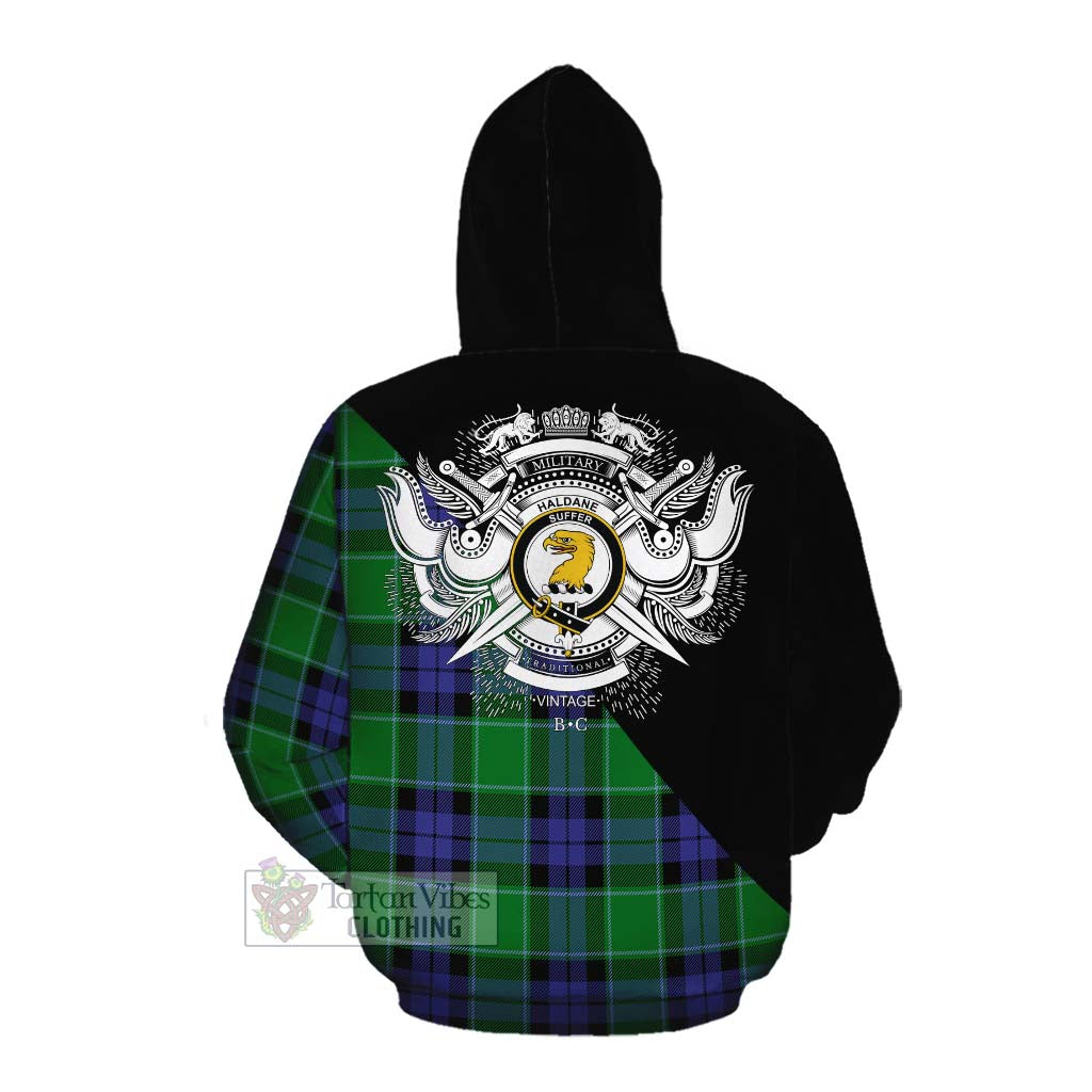 Tartan Vibes Clothing Haldane Tartan Cotton Hoodie with Family Crest and Military Logo Style