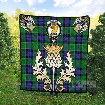 Haldane Tartan Quilt with Family Crest and Golden Thistle Style