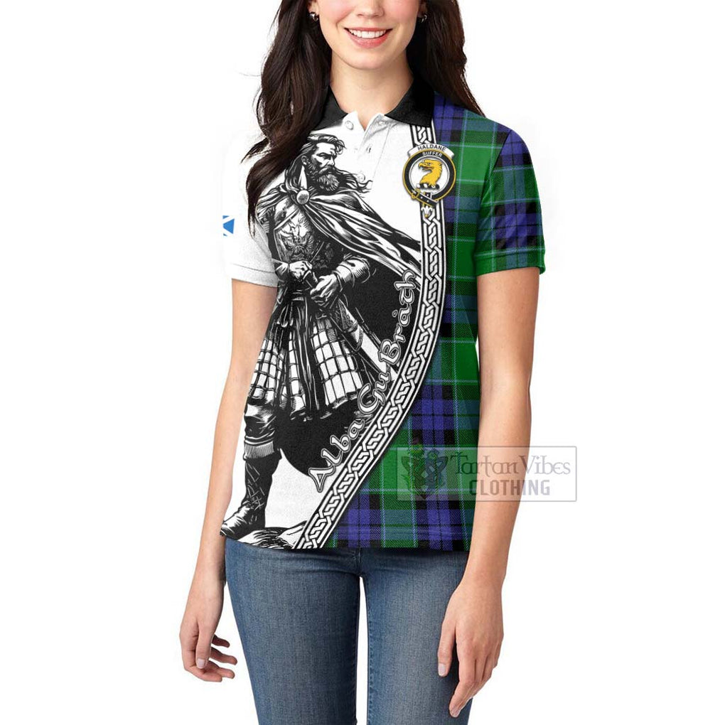 Tartan Vibes Clothing Haldane Tartan Clan Crest Women's Polo Shirt with Highlander Warrior Celtic Style