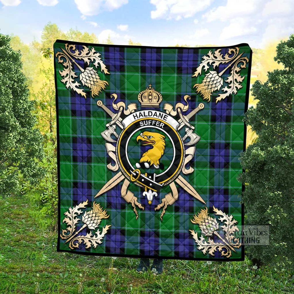 Tartan Vibes Clothing Haldane Tartan Quilt with Family Crest and Scottish Golden Courage Shield