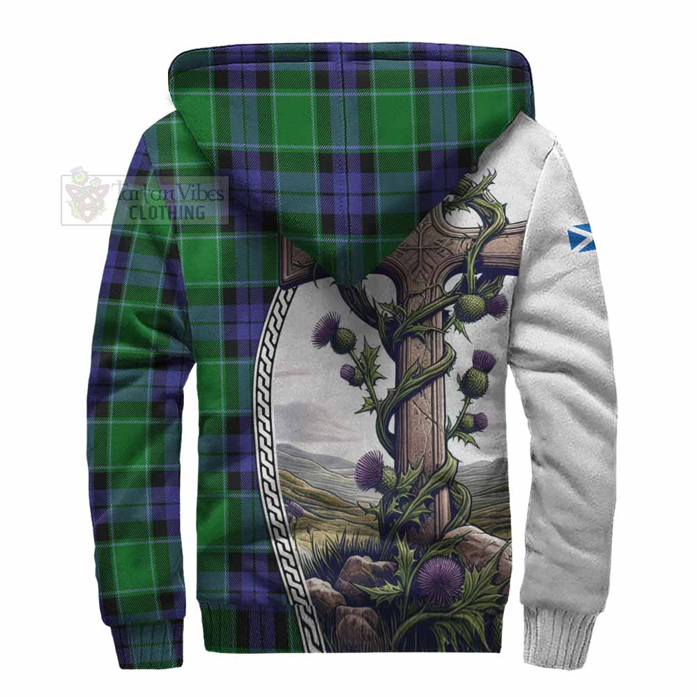 Tartan Vibes Clothing Haldane Tartan Sherpa Hoodie with Family Crest and St. Andrew's Cross Accented by Thistle Vines