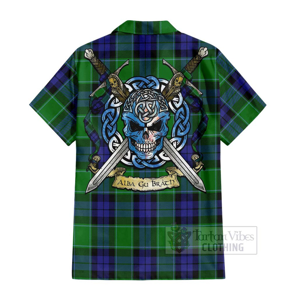 Tartan Vibes Clothing Haldane Tartan Short Sleeve Button Shirt with Family Crest Celtic Skull Style