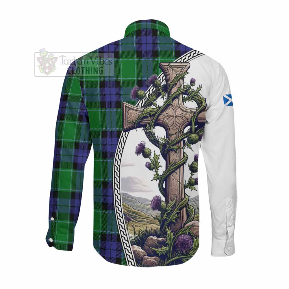 Tartan Vibes Clothing Haldane Tartan Long Sleeve Button Shirt with Family Crest and St. Andrew's Cross Accented by Thistle Vines