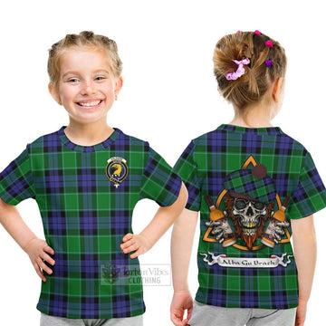 Haldane Tartan Kid T-Shirt with Family Crest and Bearded Skull Holding Bottles of Whiskey