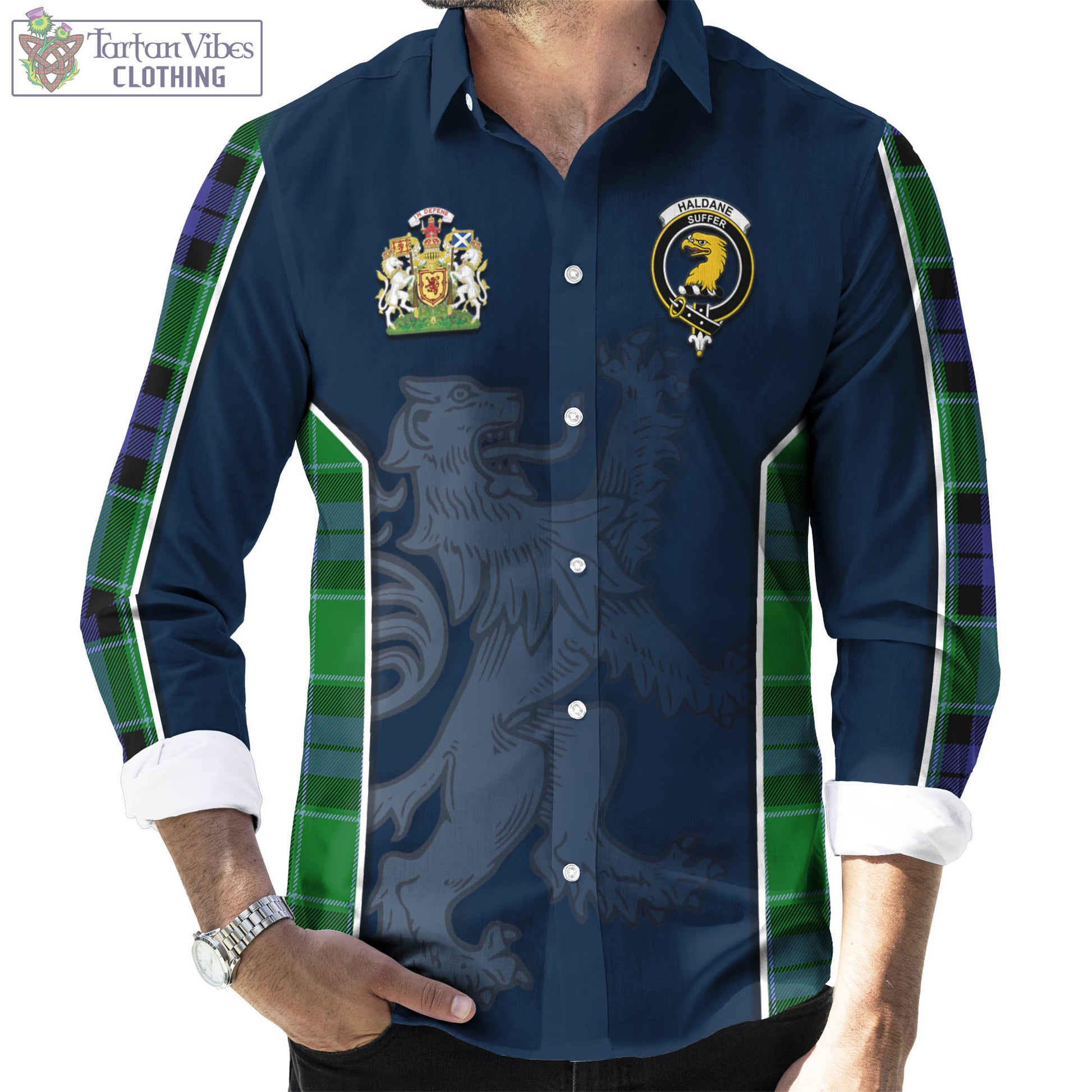 Tartan Vibes Clothing Haldane Tartan Long Sleeve Button Up Shirt with Family Crest and Lion Rampant Vibes Sport Style