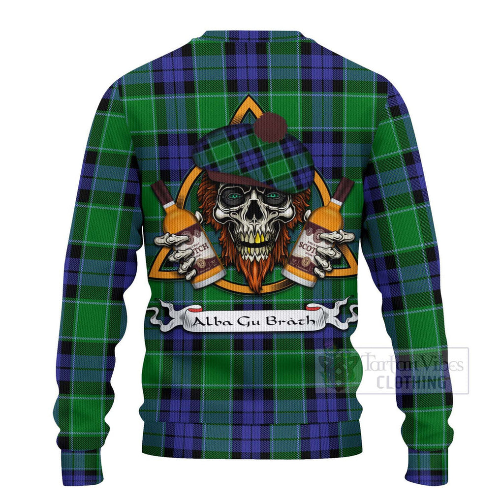 Tartan Vibes Clothing Haldane Tartan Knitted Sweater with Family Crest and Bearded Skull Holding Bottles of Whiskey