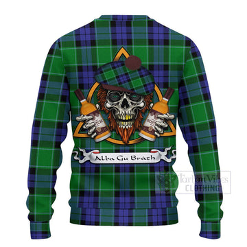 Haldane Tartan Ugly Sweater with Family Crest and Bearded Skull Holding Bottles of Whiskey