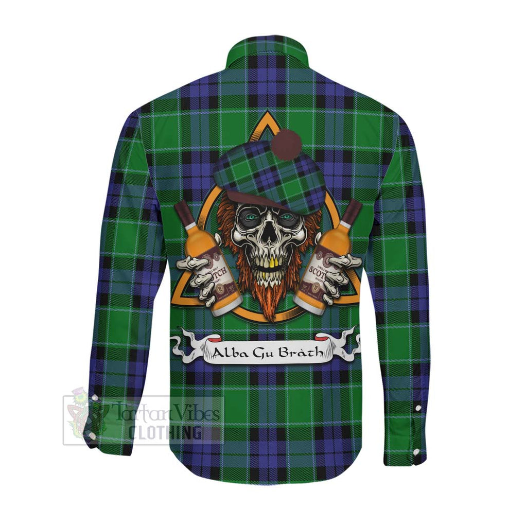 Tartan Vibes Clothing Haldane Tartan Long Sleeve Button Shirt with Family Crest and Bearded Skull Holding Bottles of Whiskey