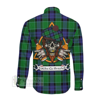 Haldane Tartan Long Sleeve Button Shirt with Family Crest and Bearded Skull Holding Bottles of Whiskey