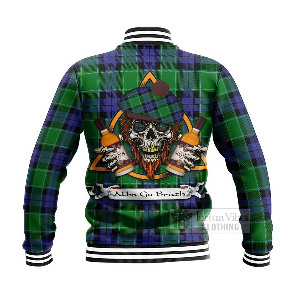 Tartan Vibes Clothing Haldane Tartan Baseball Jacket with Family Crest and Bearded Skull Holding Bottles of Whiskey