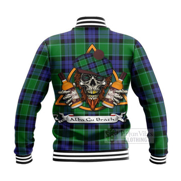 Haldane Tartan Baseball Jacket with Family Crest and Bearded Skull Holding Bottles of Whiskey