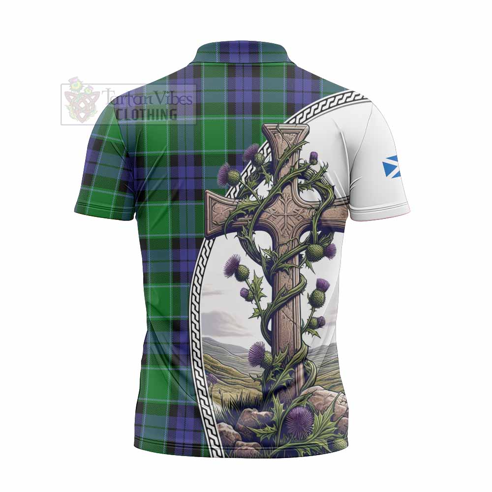 Tartan Vibes Clothing Haldane Tartan Zipper Polo Shirt with Family Crest and St. Andrew's Cross Accented by Thistle Vines