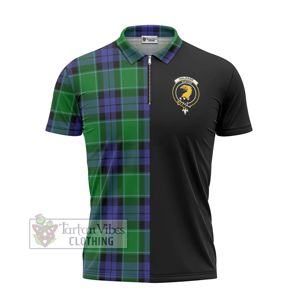 Haldane Tartan Zipper Polo Shirt with Family Crest and Half Of Me Style - Tartanvibesclothing Shop