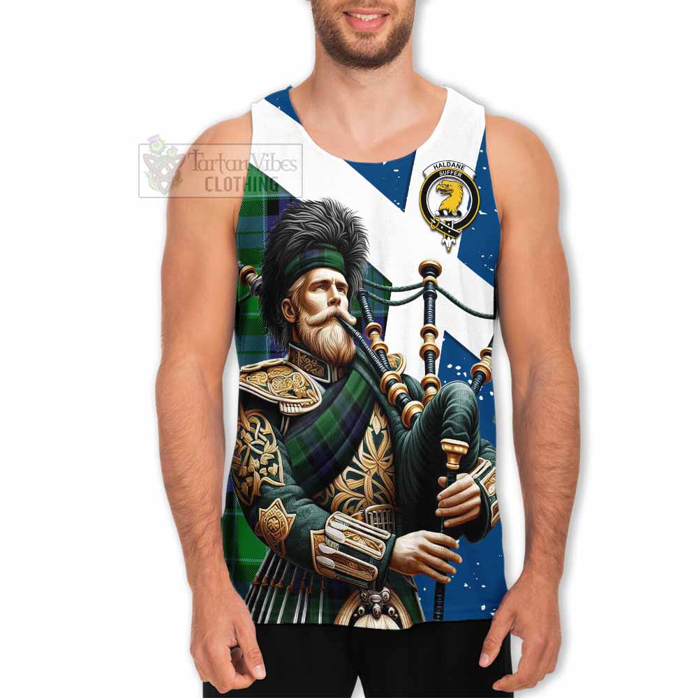 Haldane Tartan Men's Tank Top with Family Crest Scottish Bagpiper Vibes