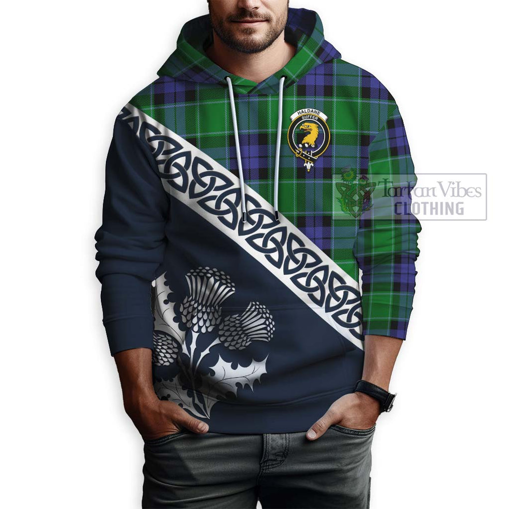 Tartan Vibes Clothing Haldane Tartan Hoodie Featuring Thistle and Scotland Map