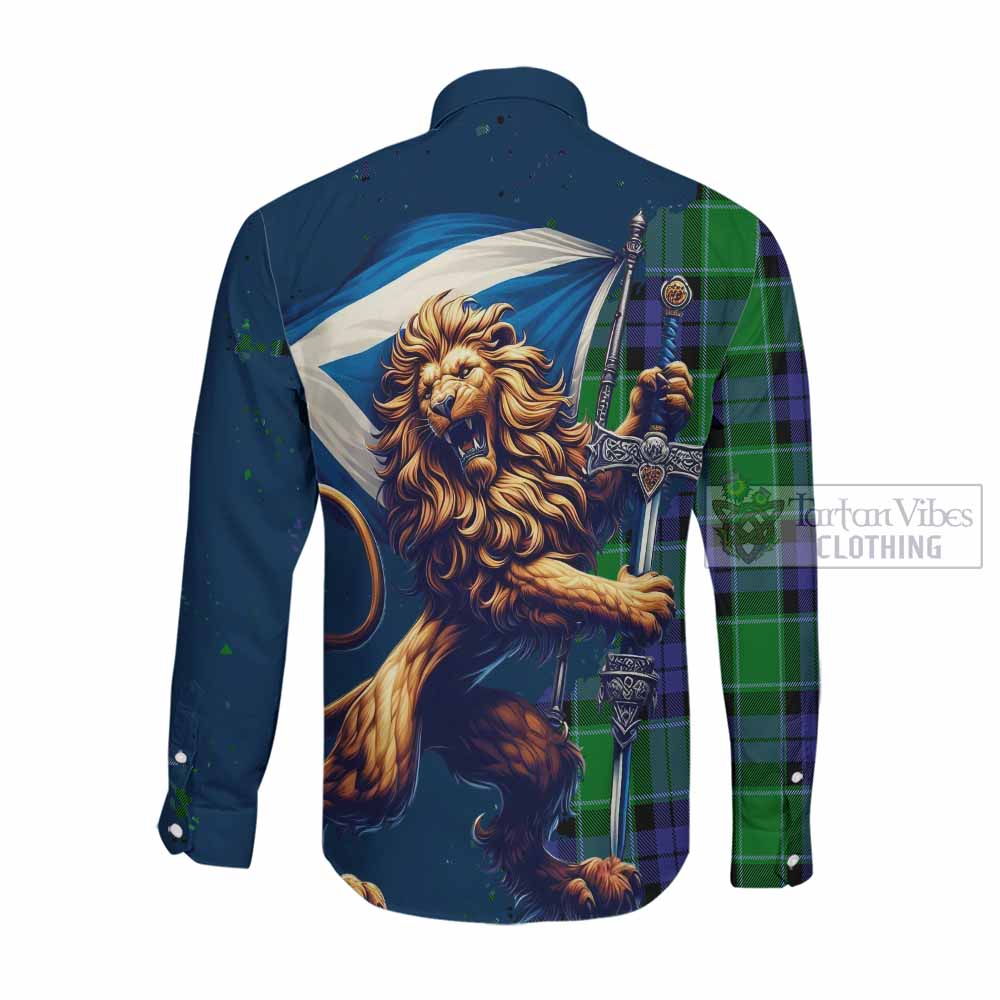 Tartan Vibes Clothing Haldane Tartan Family Crest Long Sleeve Button Shirt with Scottish Majestic Lion