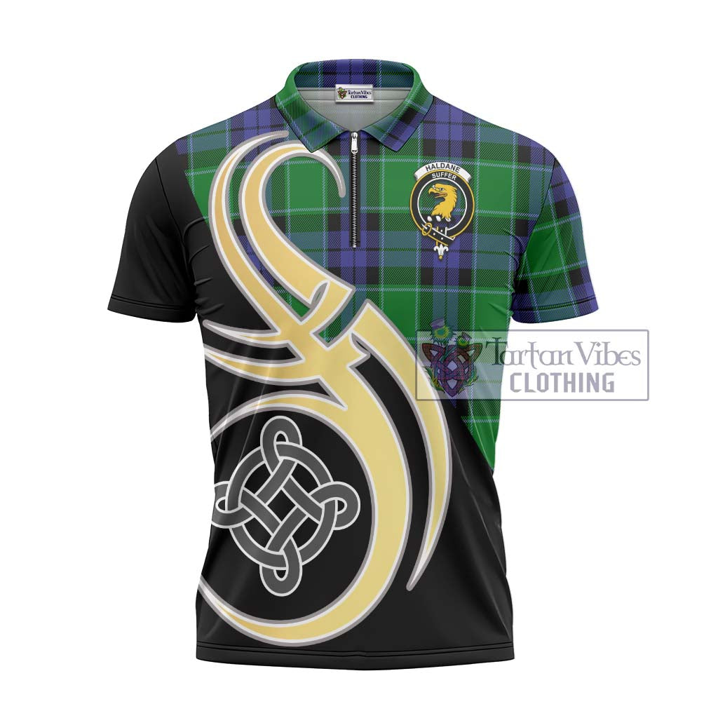 Tartan Vibes Clothing Haldane Tartan Zipper Polo Shirt with Family Crest and Celtic Symbol Style