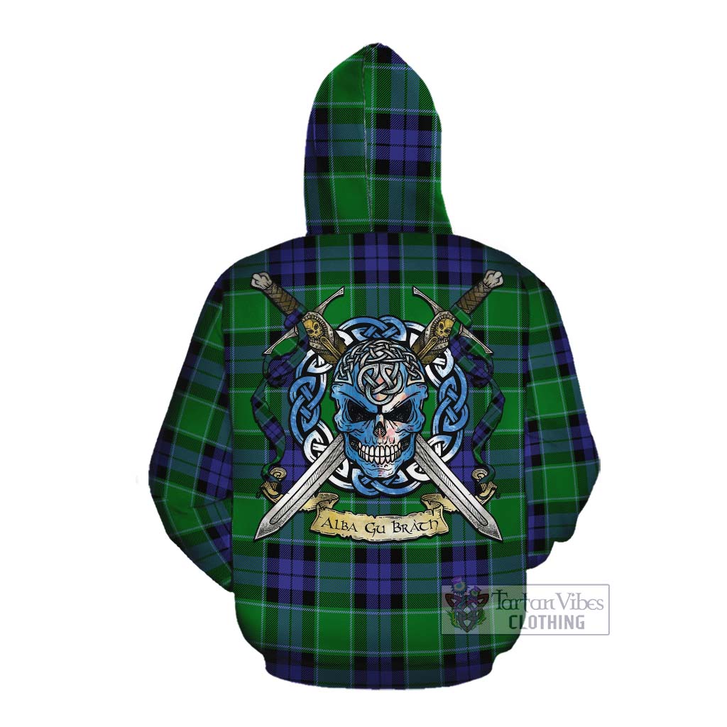 Tartan Vibes Clothing Haldane Tartan Cotton Hoodie with Family Crest Celtic Skull Style