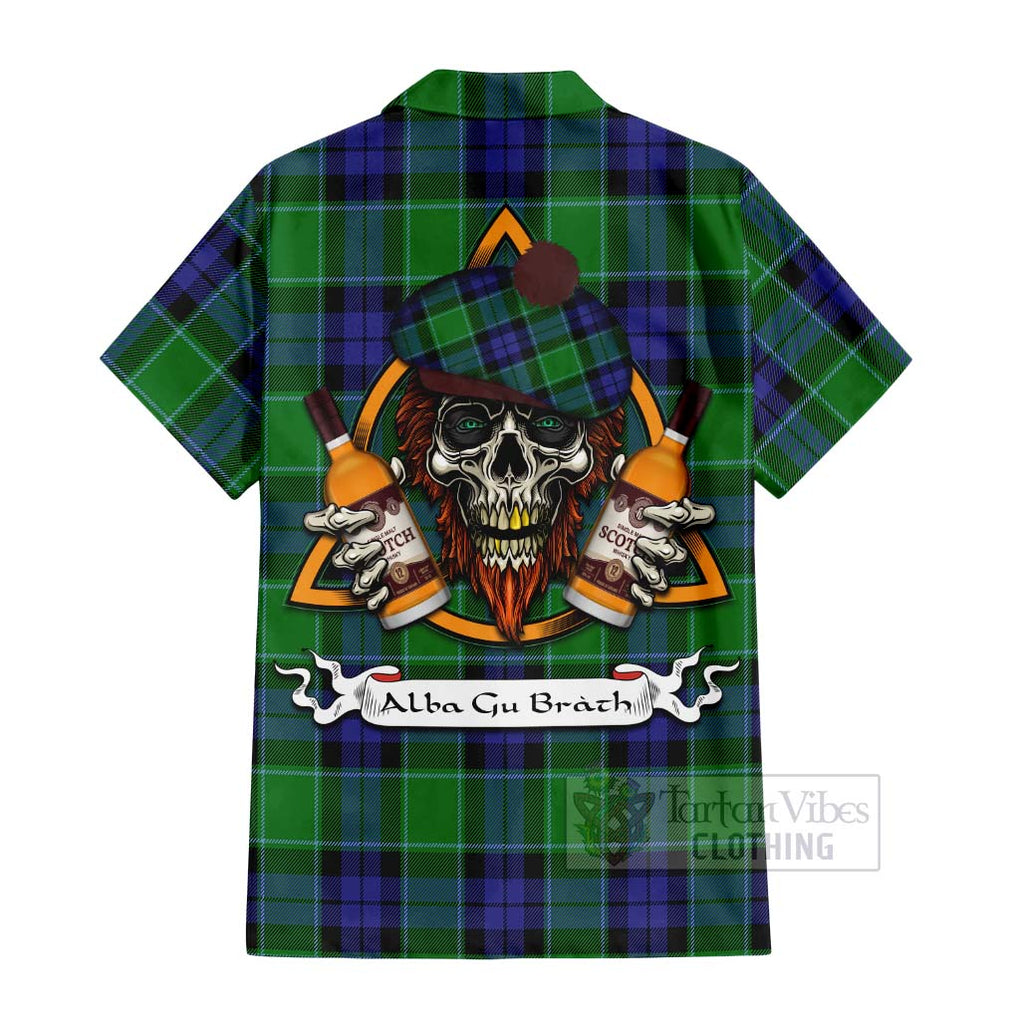 Tartan Vibes Clothing Haldane Tartan Short Sleeve Button Shirt with Family Crest and Bearded Skull Holding Bottles of Whiskey