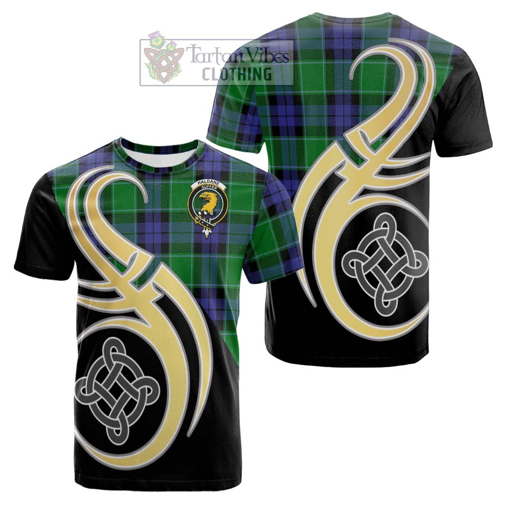 Tartan Vibes Clothing Haldane Tartan Cotton T-shirt with Family Crest and Celtic Symbol Style