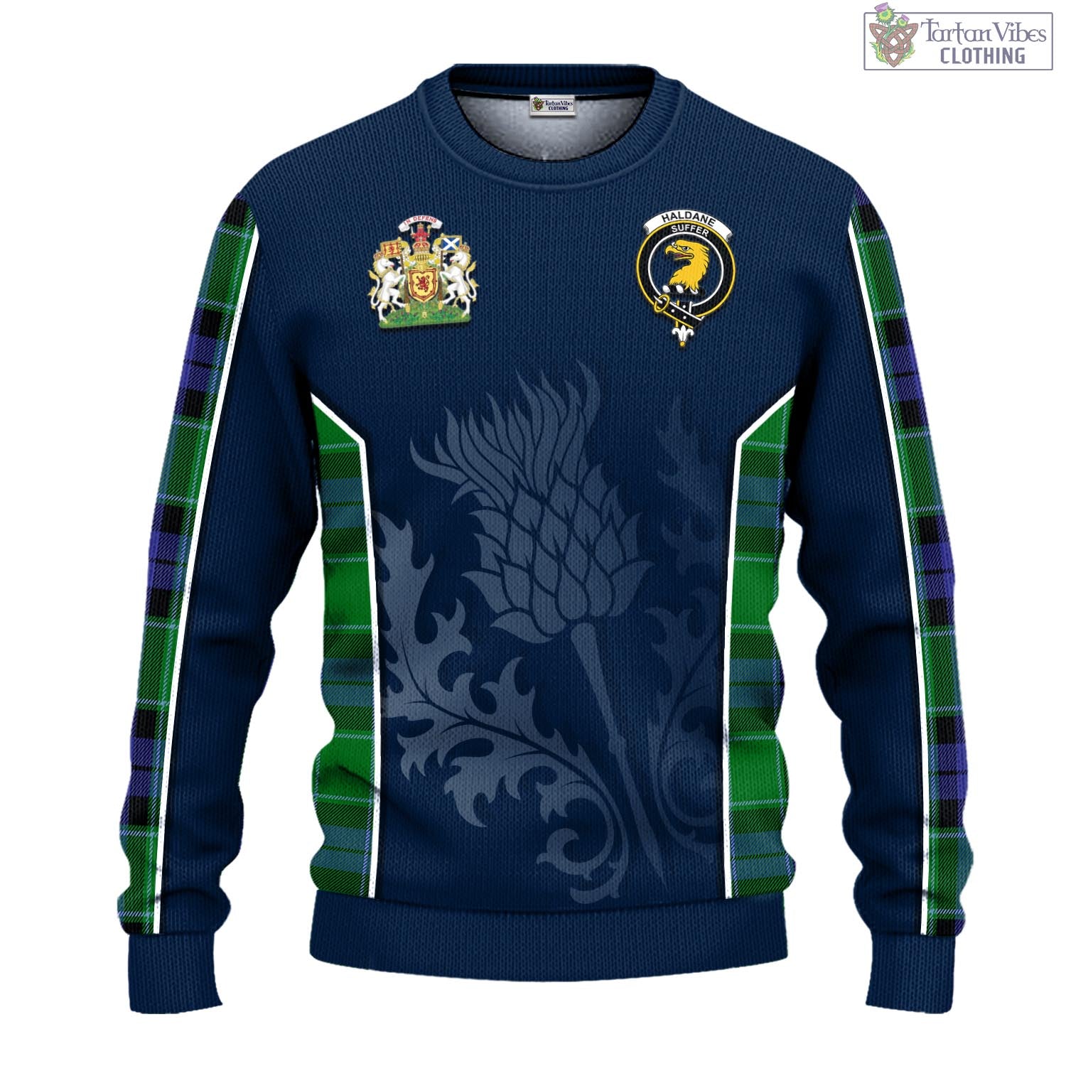 Tartan Vibes Clothing Haldane Tartan Knitted Sweatshirt with Family Crest and Scottish Thistle Vibes Sport Style