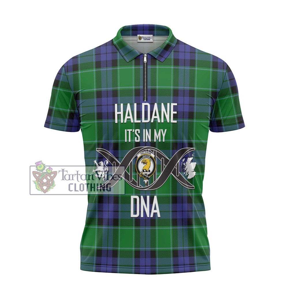 Haldane Tartan Zipper Polo Shirt with Family Crest DNA In Me Style - Tartanvibesclothing Shop